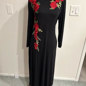 Elegant Black Dress with Red Floral Embroidery